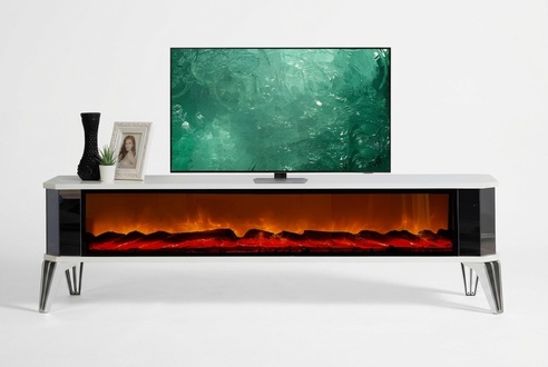 Weißer TV-Schrank mit Elektrokamin und stilvoller LED-Beleuchtung