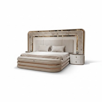Weißes Schlafzimmer-Set aus Holz mit Bett, Nachttischen und Bank