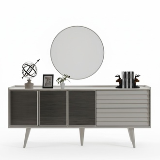 Weißes Sideboard Luxuriöser Rundspiegel Designer Holzmöbel 2tlg Set Neu
