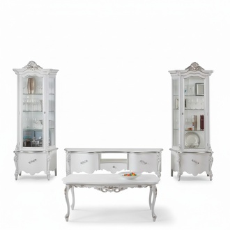Weißes Wohnzimmer Set TV-Ständer Couchtisch 2x Vitrine Luxus Holzmöbel
