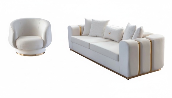 Weißes Wohnzimmer Sofa Polstermöbel 4-Sitzer Textil Lehnsessel 2tlg Set