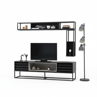 Wohnwand RTV Lowboard Regale TV Ständer Set Holz Modern Schwarz Design