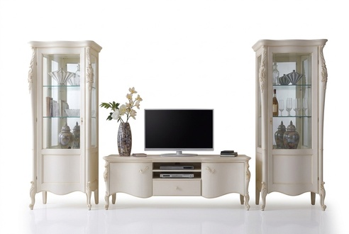 Wohnwand Weiß Set Vitrine Wohnzimmer TV Ständer Holz Luxus Möbel