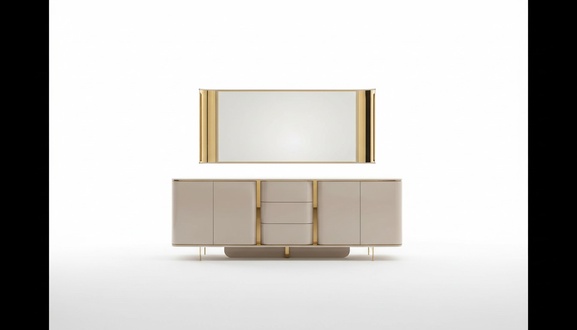 Wohnzimmer Anrichte Spiegel Material Holz mit Metall Stil Modern Beige