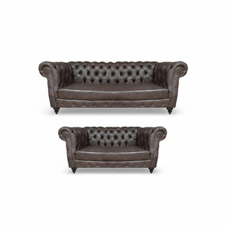 Wohnzimmer Braun Sofa Dreisitze mit Zweisitzer Couch Polstermöbel Chesterfield