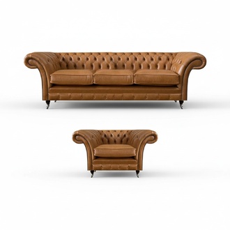 Wohnzimmer Design Leder Möbel Sessel mit Sofa Dreisitzer Couch Chesterfield