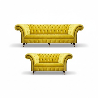 Wohnzimmer Gelb 2x Sofas Dreisitze mit Zweisitzer Couch Textil Chesterfield