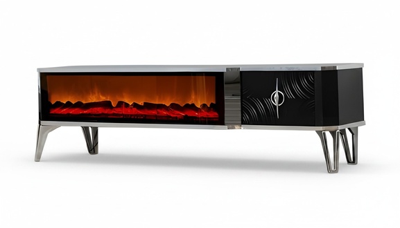 Wohnzimmer-Highlight: TV-Board mit Kaminfunktion, LED und Metallgriff
