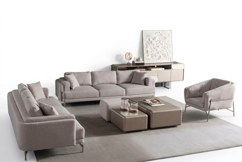 Wohnzimmer Möbelset aus Textil in Beige mit modernen Sofas, Sessel