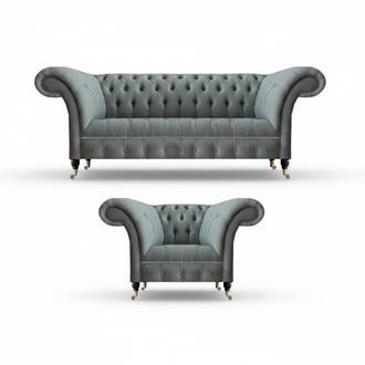 Wohnzimmer Set 2tlg Modern Chesterfield Sofa Dreisitze Couch Grau Sessel