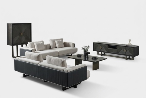 Wohnzimmer Set aus braunem Textil mit Holz Tisch und Sofas