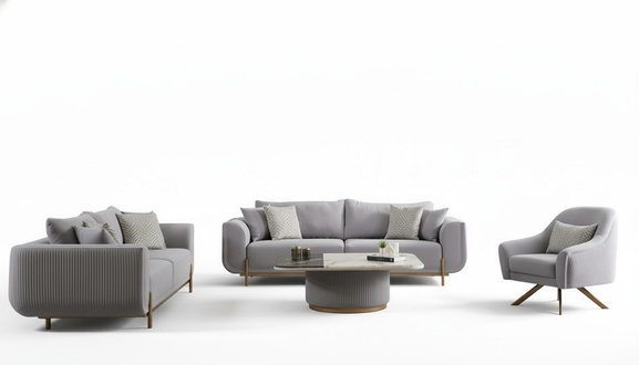 Wohnzimmer Set Sofa 3 sitzer Couchtisch Sessel Beige Gold Edelstahl