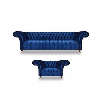 Wohnzimmer Sofagarnitur Textil Sessel Blau Sofa Dreisitze Couch Chesterfield