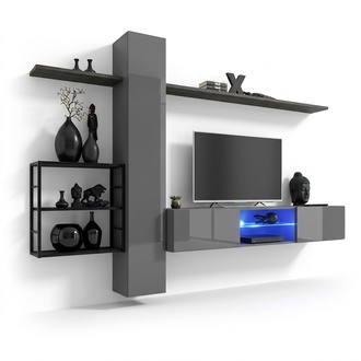 Wohnzimmermöbel Wohnwand 270 cm Wandschrank Einrichtung Grau Luxus Wand Regale