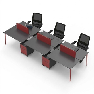 Workstation Schreibtisch 6-Sitzer Tischpult Holz Grau-Rot Büromöbel