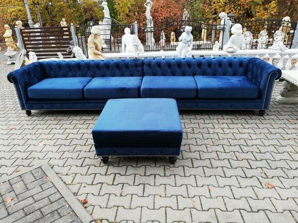 Desiger Chesterfield Sofagarnitur Textil Blau 4 m XXL+ Hocker Couch Polster