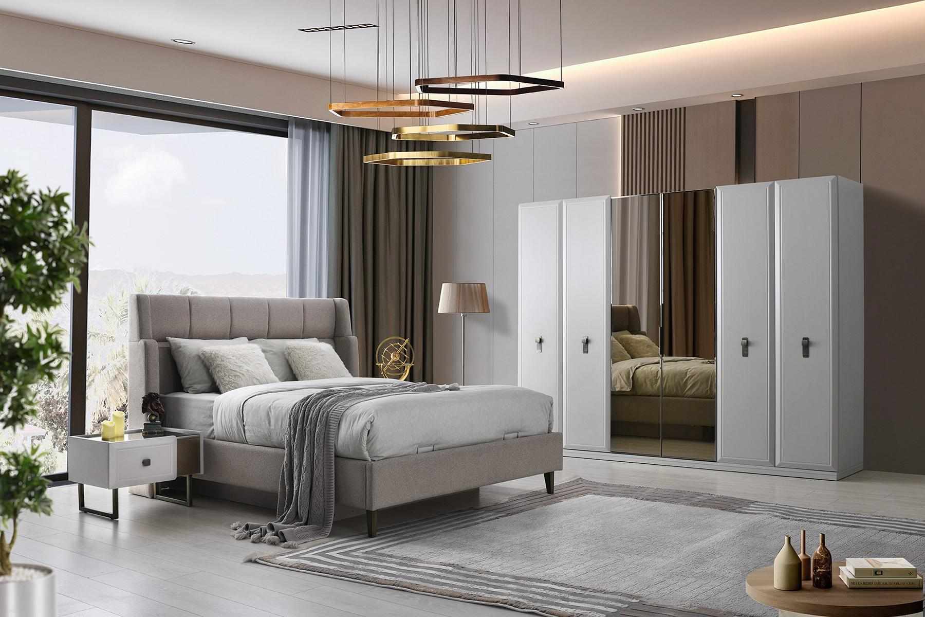 Weiß-Beige Schlafzimmer Möbel Polsterbett Holz Nachttische Schrank 4tlg