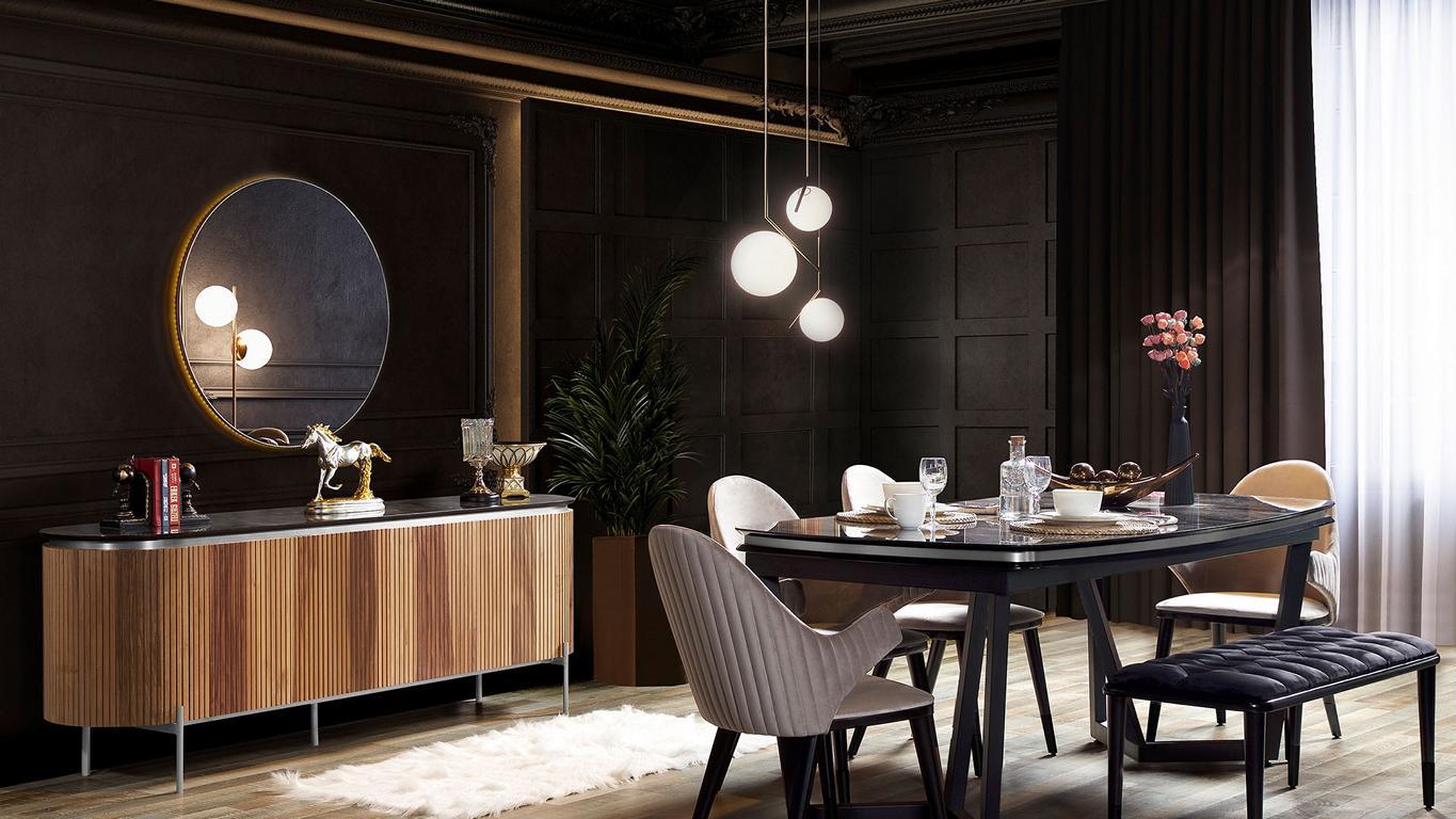 Stilvoll 8tlg.Esszimmer Set Esstisch 4x Stühle Anrichte Spiegel Bank neu