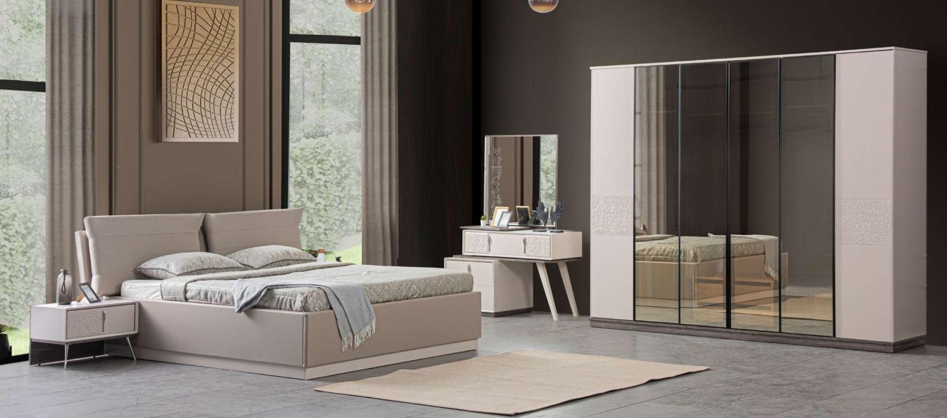 Schlafzimmer Luxus Betten 2x Nachttische 5tlg Kleiderschrank Holz Beige