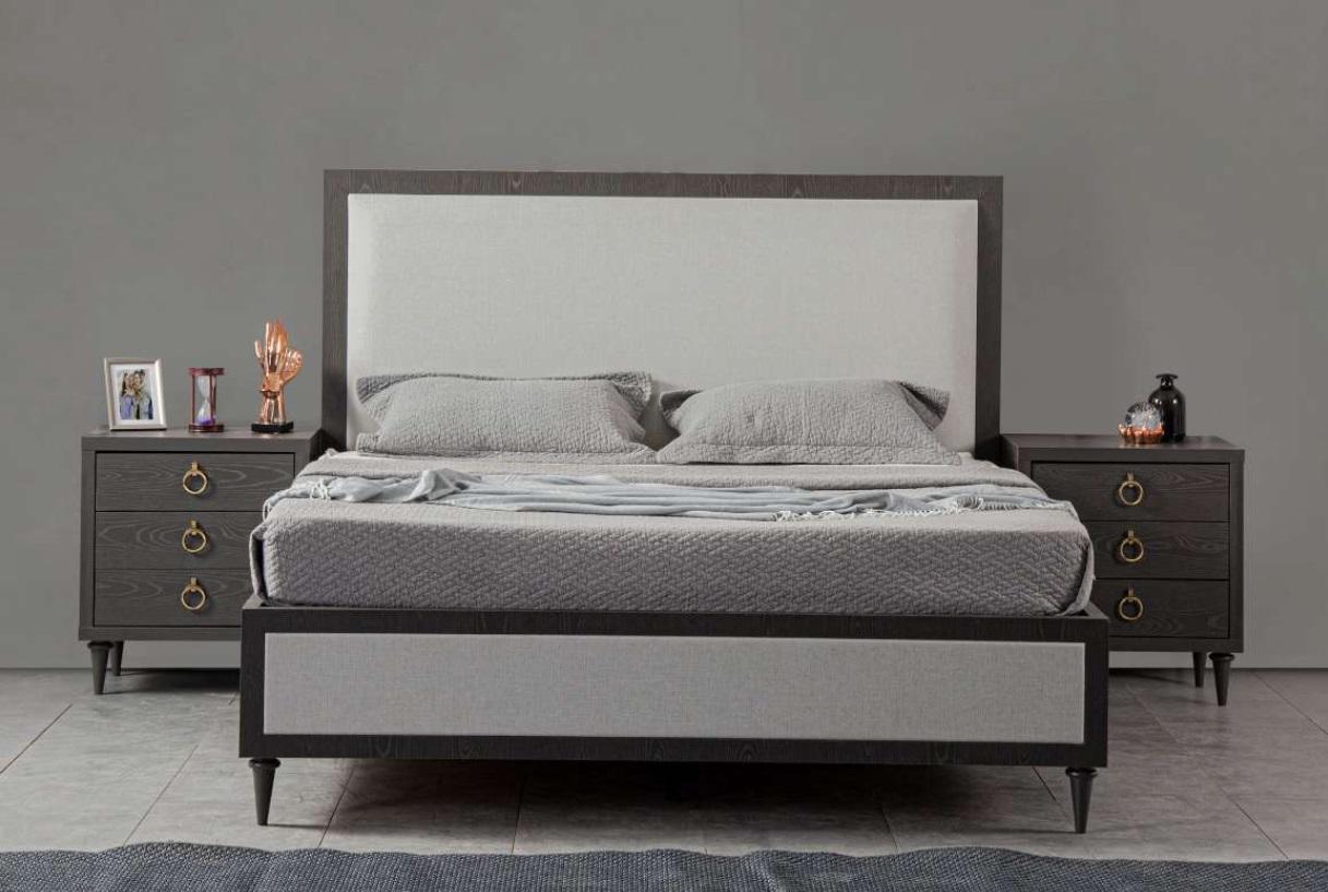 Schlafzimmer Set Grau Bett Design Modern Luxus 2x Nachttische 3 tlg.1