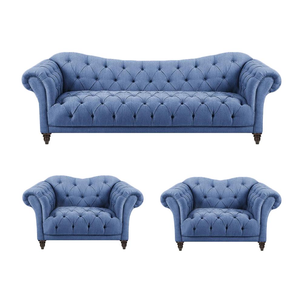 Modern Wohnzimmer Komplett Blau Sofa Couch Dreisitze 2x Sessel Einrichtung