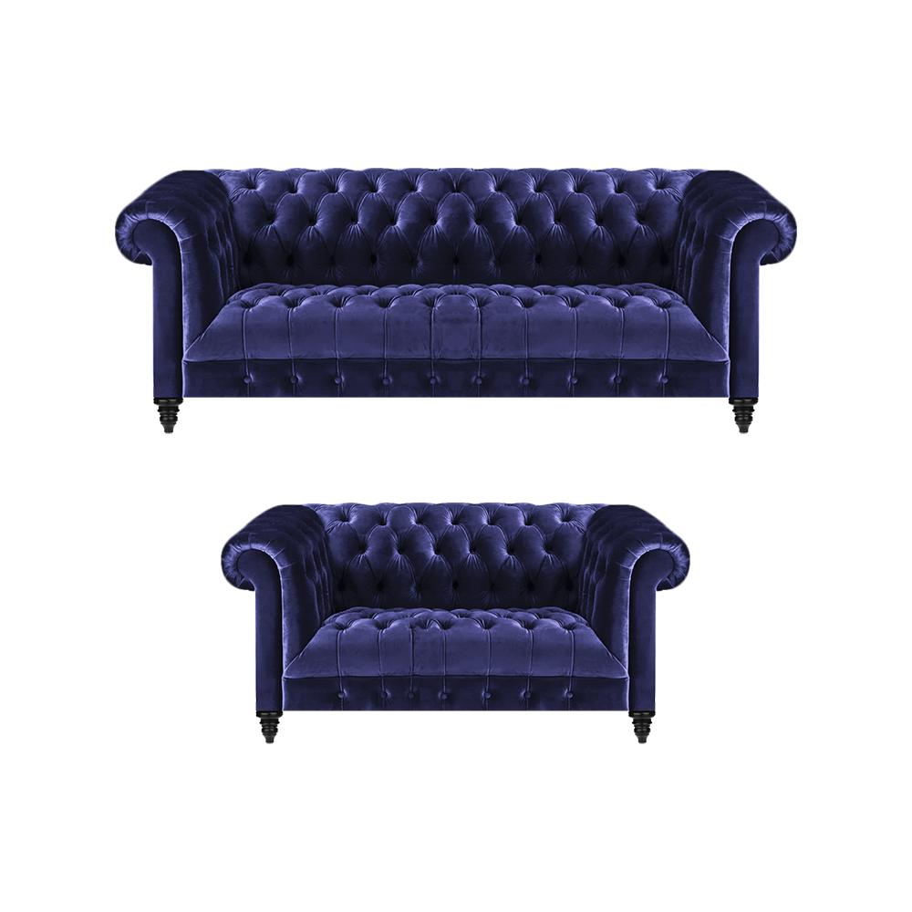 Chesterfield Design Luxus Polster Blau 2x Sofas Couch Sitz Garnitur Wohnzimmer