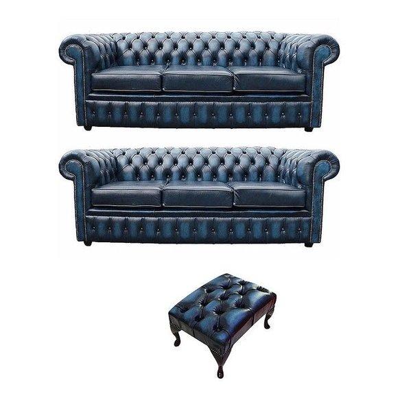 Klassische Leder Textil Sofa Couch Polster Garnitur Chesterfield 3+3 Hocker Neu