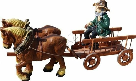Design Pferde mit Wagen Figur Garten Statue Skulptur Figuren Skulpturen