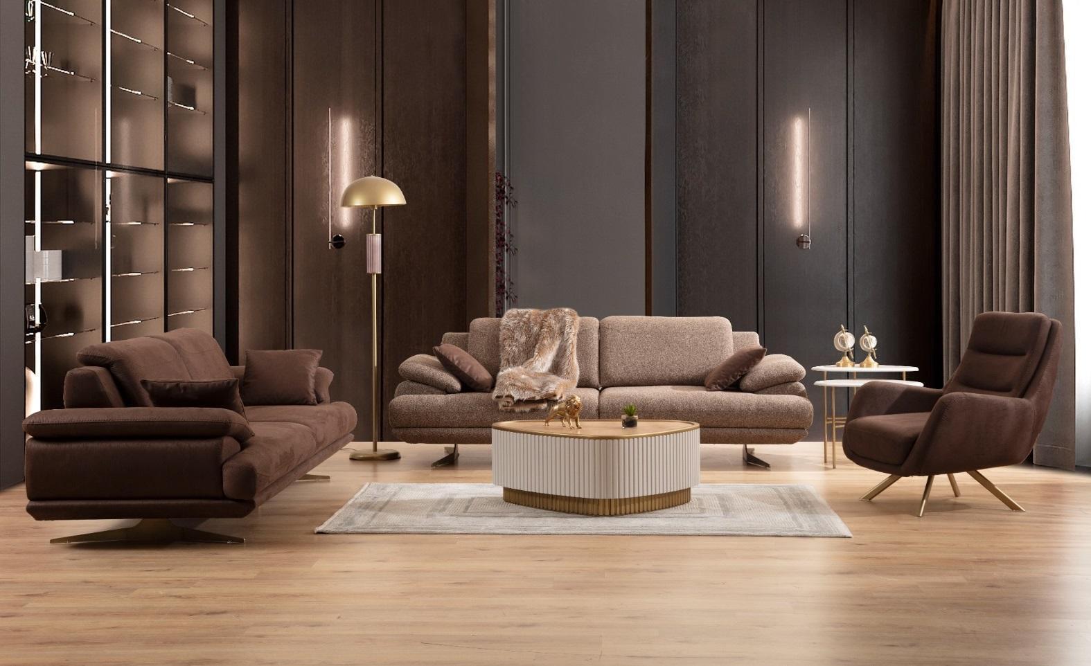 Braune Wohnzimmer Sofas Designer 3+3+1 Sitzer Garnitur Einsitzer 3tlg