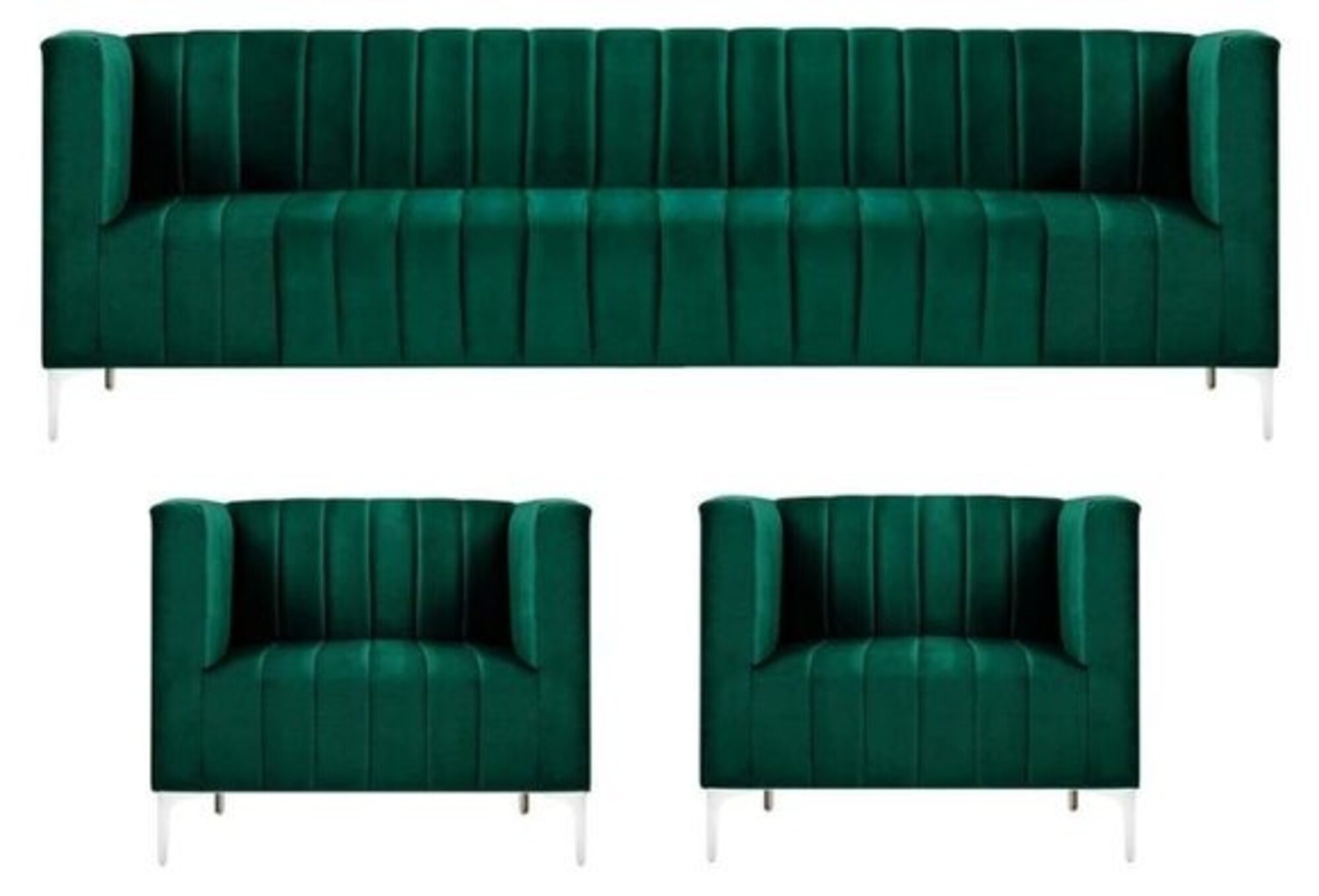 Sofagarnitur Dreisitzer Stoff Wohnzimmer Samt Design Grün Sofa 2 Sessel Gruppe