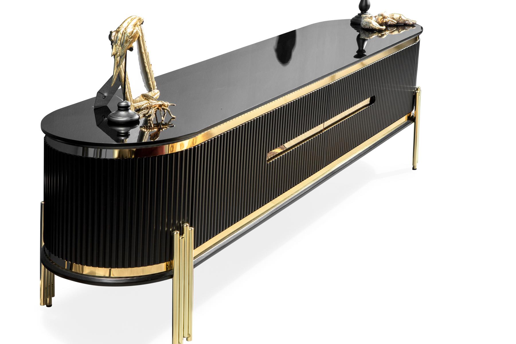 Modernes Lowboard Luxus RTV TV-Ständer Wohnzimmermöbel Schwarz Gold Sofort