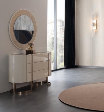 Kommode Schrank Sideboard Verspiegelt Glatt mit Spiegel Runder Edelstahl